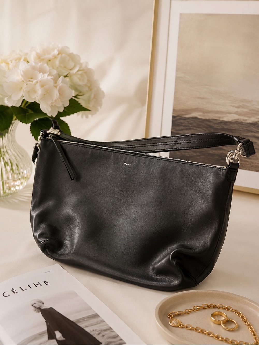 Theory Black Leather Shoulder Bag with Silver Hardware